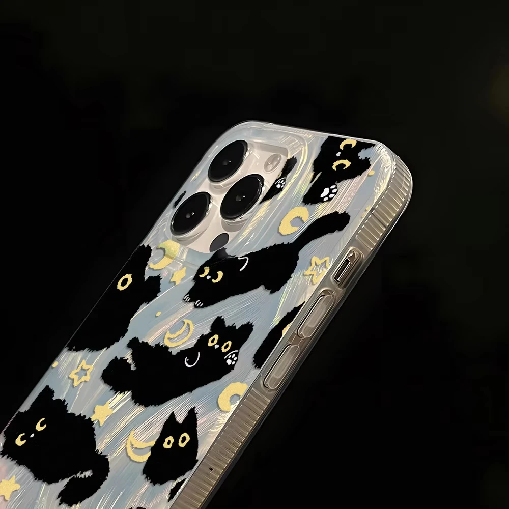 Chic Black Cat Phone Case with Laser Silver Feather Texture - Shockproof Cover