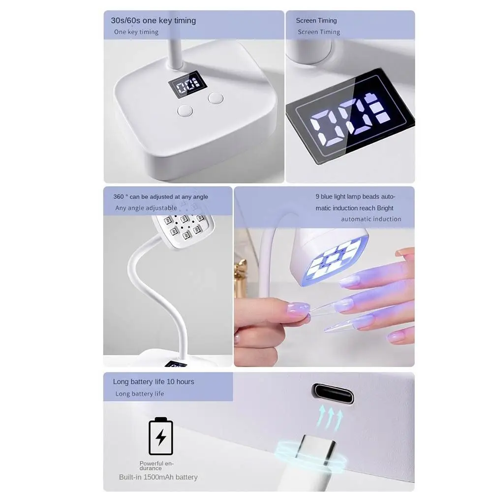 Portable 9LED Desktop Nail Lamp 360° Bendable UV Lamp UV Curing Light Fast Drying Adjustable Nail Dryer Light Salon