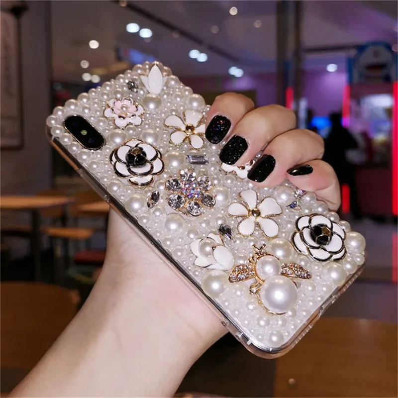 Luxury Bling Diamond Rhinestone Pearl Flower Crystal Phone Case for iPhone 16Pro 15Plus 14 13 12 Mini 11 Pro Max