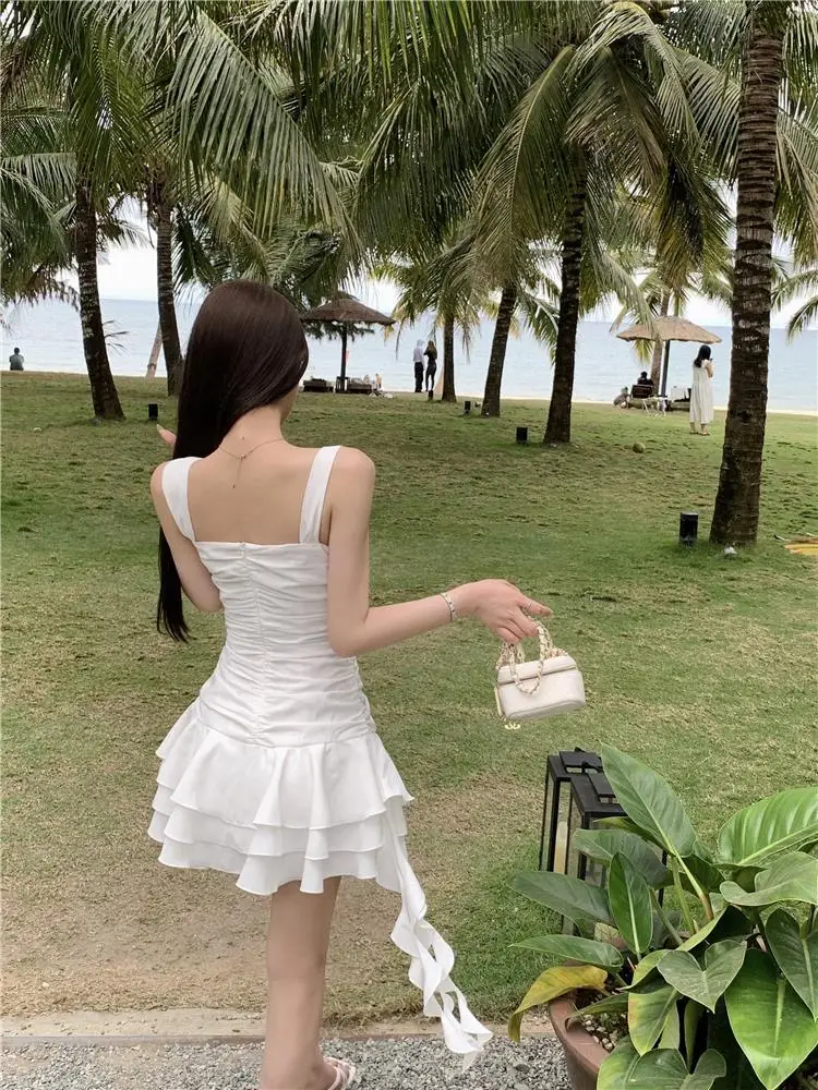 Summer New Holiday Beach Style Short Dresses for Women Spaghetti Strap Ruffles A-line Birthday Party Dress Korean Chic Vestidos