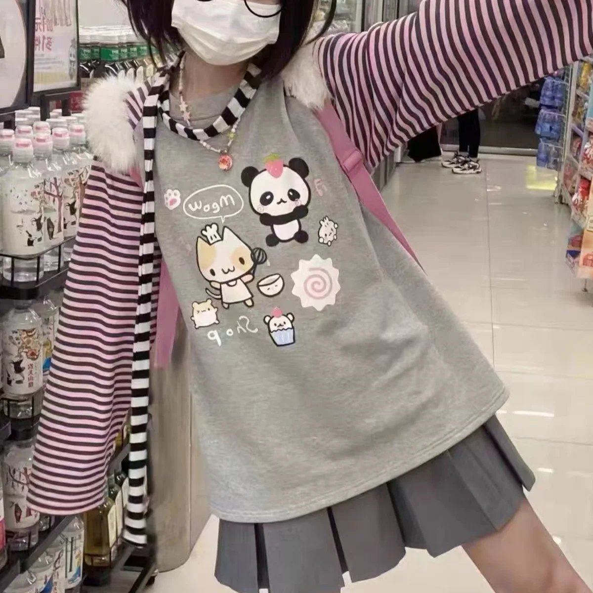 Cartoon Print Cute Girl's Casual Tops & Tees New Matching Sweet Female T-shirts Y2K Youth Women's Blouses Kawaii Cotton T-shirts 1