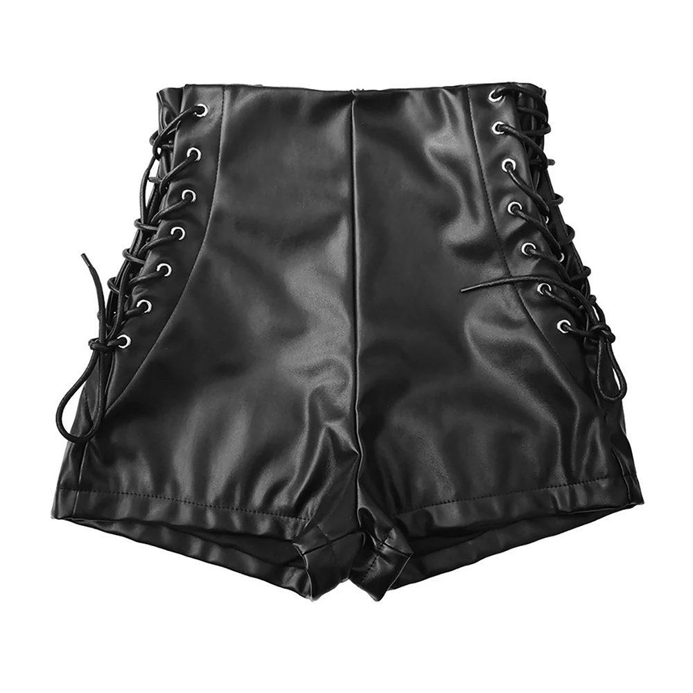 Women Sexy Black Pu Leather Bandage Shorts High Waist Sexy Shorts Women Fashion Trend Side Bondage PU Leather Skinny Short Pant