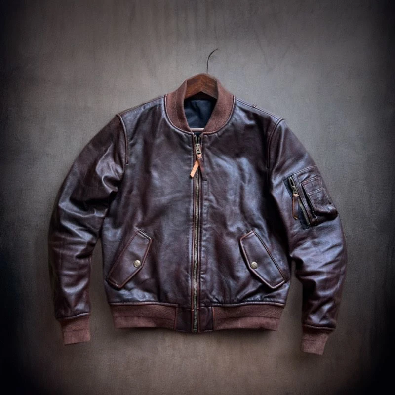 American Retro Deep Brown Genuine Leather MA1 Flight Jacket Handmade Dyeing Heavy Washed Top Layer Tea Core Cowhide Fashionab...