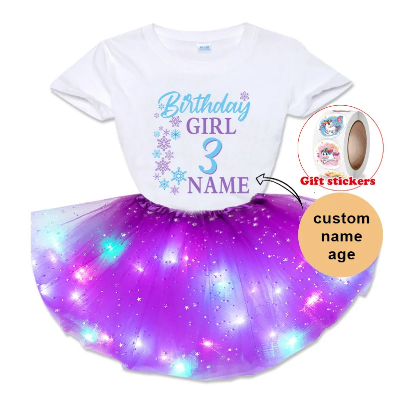 

Girls Dress Set Birthday T Shirt 2023 Girl Kids Dress Set Party Light Dress 3PC Kids T-shirt+Girls' Skirt+Children's Stickers