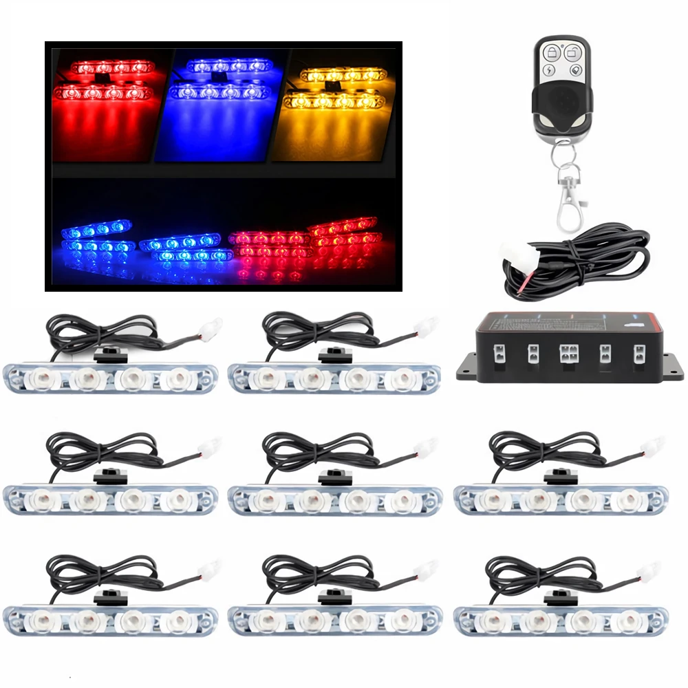

1 Set 12V 8*4 LED Car Grille Strobe Light With Remote Wireless Emergency Flashing Lights For Vehicle Red And Blue Police Light