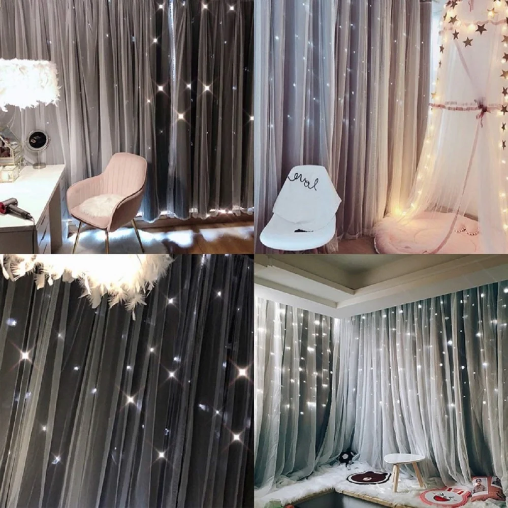 Description Picture 6 of item1Pc/2Pcs Blackout Curtains Romantic Hollow Star Curtain Double Layer with Lace Princess Girls Room Window Treatments for Bedroom