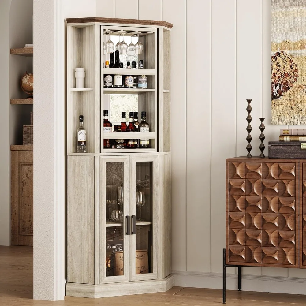 Corner Bar Cabinet, 68.5" Tall Farmhouse Wine Cabinet with Rotating Liquor Shelves, Home Bar Cabinet with Barn Door & Adjustabl