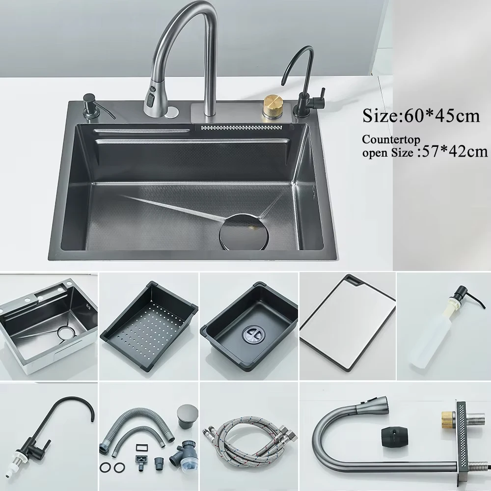 Lavello Cucina Acciaio Inox A Cascata Con Rubinetto Estraibile - Vasca Singola, Rivestimento Nano, Accessori Inclusi - Foto 7