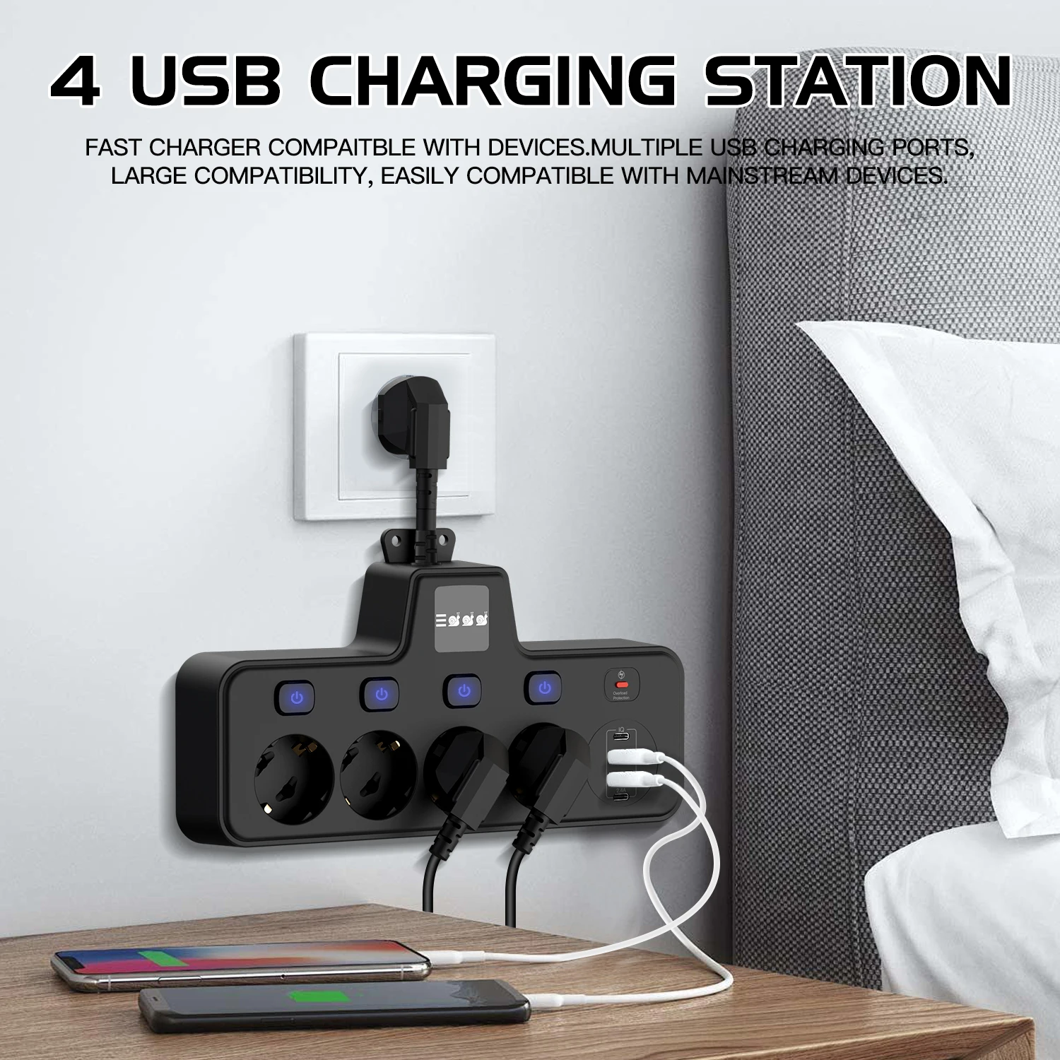 EU Plug Power Strip with USB-C, Independent Switching & Overload Protection