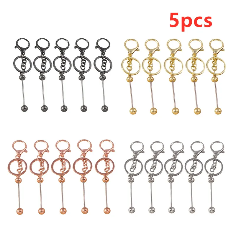 1/5Pcs Metal Beaded Keyring Beadable Bar Keychain Lobster Claw Clasp