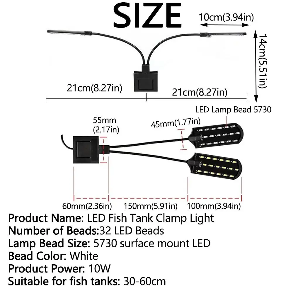 Double Head Clip on Aquarium Light White Light Waterproof Fish Tank Clip Lamp Practical Flexible Bendable LED Aquarium Light