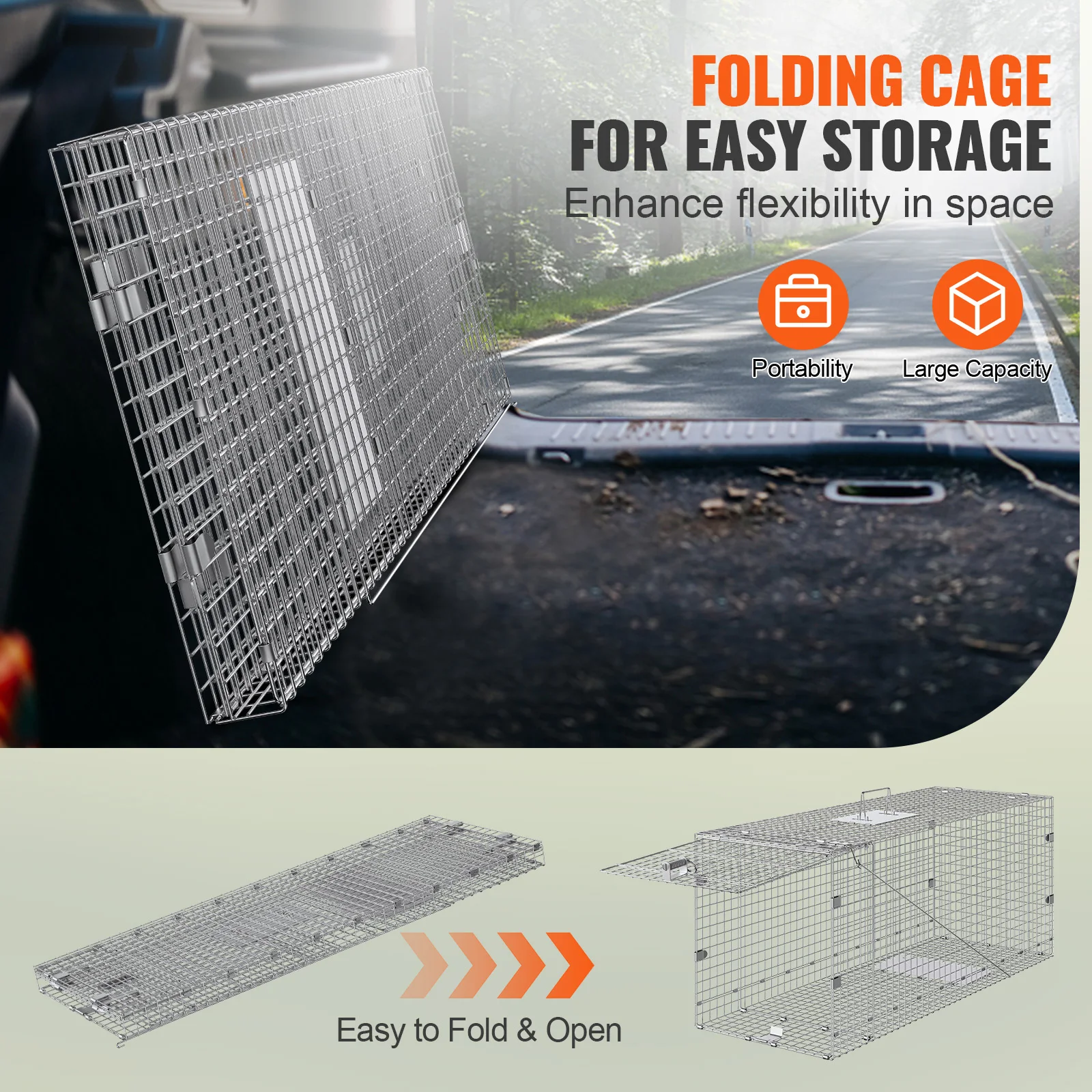 Live Animal Cage Trap 24/31/42/50in Folding Humane Cat Trap Galvanized Iron Handle for Rabbits Squirrels Groundhogs