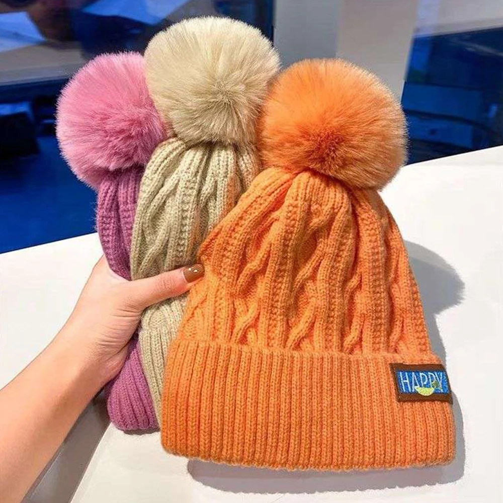 

Knitted Beanies Hat Thicken Fur Pom Thermal Cap Twist Crochet Cap Happy Embroidery Winter Fashion Outdoor Woolen Gorro Cap