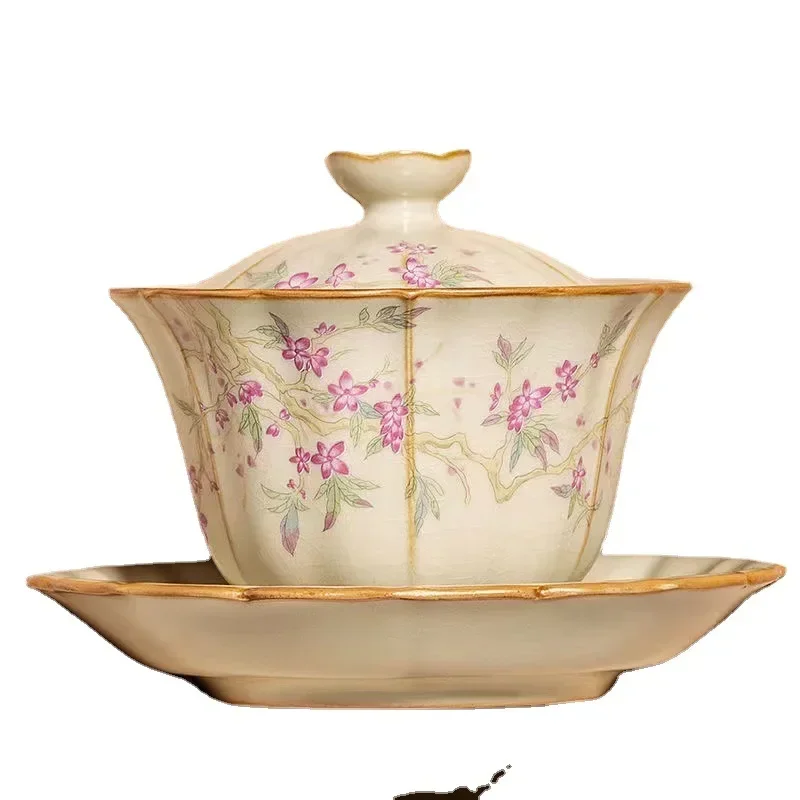 Retro Large Ceramic Tea Brewing Cup Set, Teacup, Anti-Scald, Beige Gracked Glaze, Single, Retro, Plum Blossom, Household