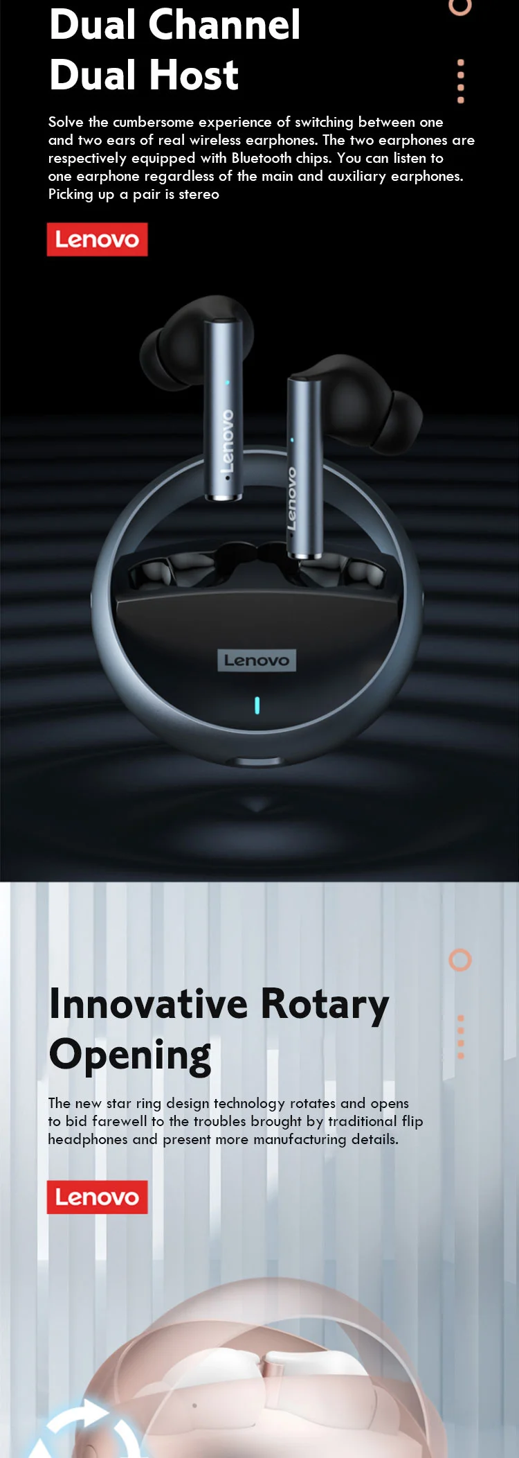 Lenovo LP60 Bluetooth Headphones TWS Wireless Gaming Earphones Rotatable Metal Cavity Ring Headset HiFi Stereo Sound Low Latency studio headphones