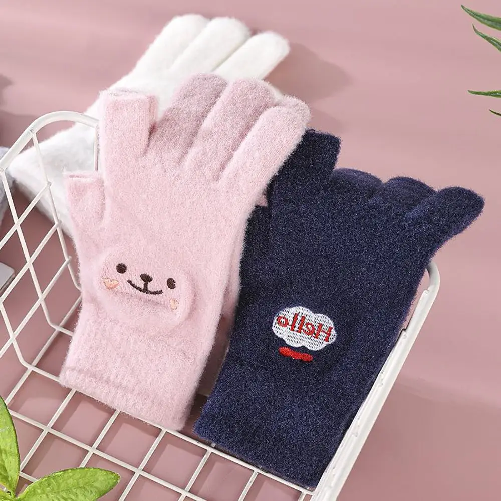 

Cute Two-finger Exposed Writing Winter Men Games Playing Women Cartoon Fingerless Gloves Knitted Gloves Smiling Face Gloves