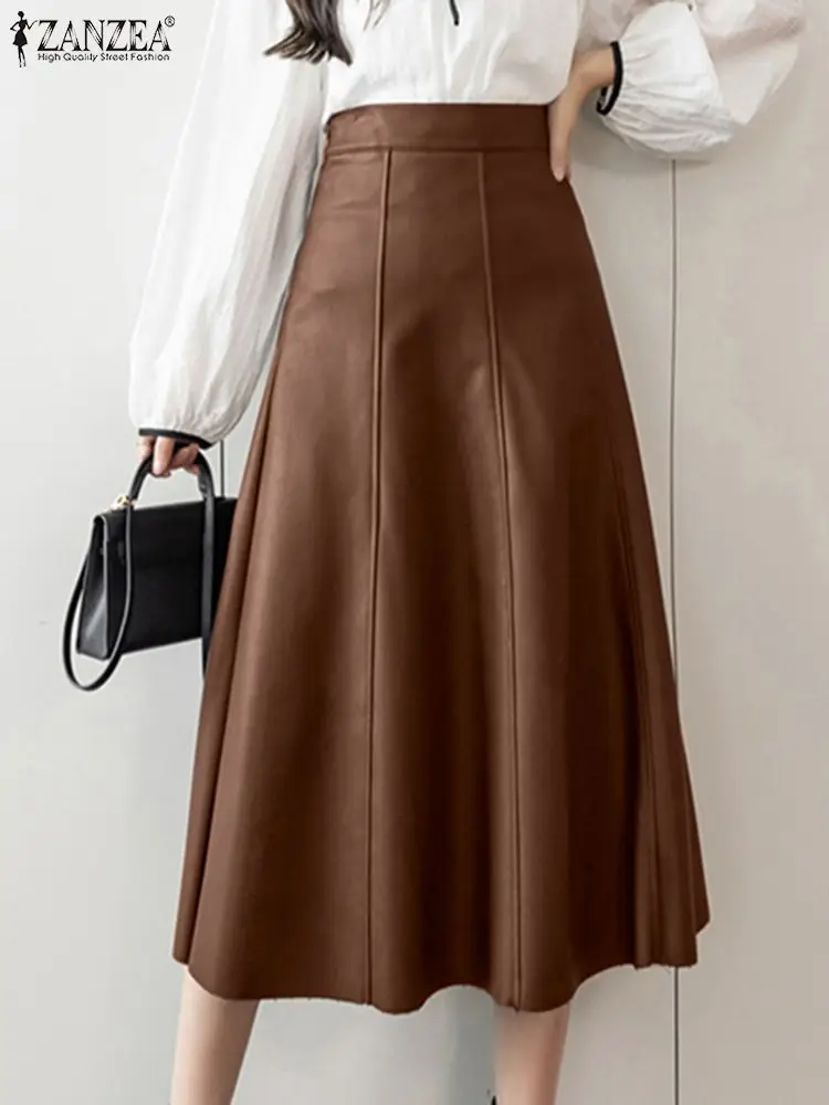 

ZANZEA Women PU Office 2023 Autumn Fashion High Waist Skirt Lady Skirt Elegant Leather Midi Jupes Solid High Waisted Party Falda