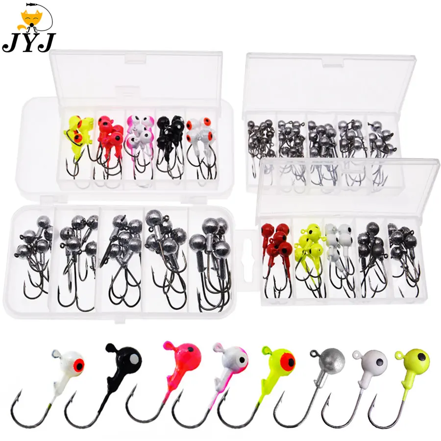 JYJ a box 1g 1.5g 2g 3g 3.5g fishing hook jig round head hook with mix  colors , fishing tackle hook for soft grub worm baits