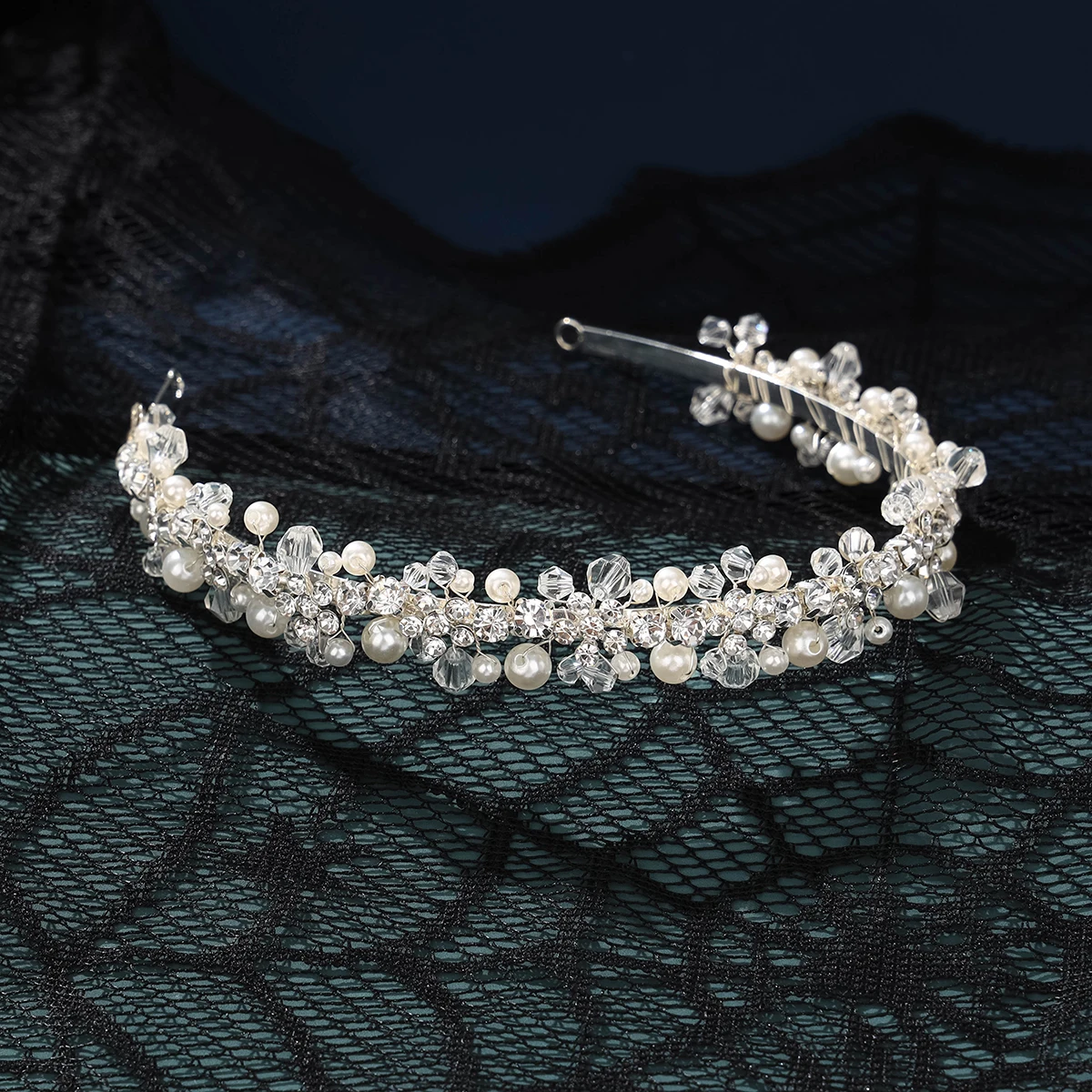 Fashion Wedding Hair Ornament Crystal Handmade Women's Headwear Prom Hair Belt Silver Pearl Bridal Crown