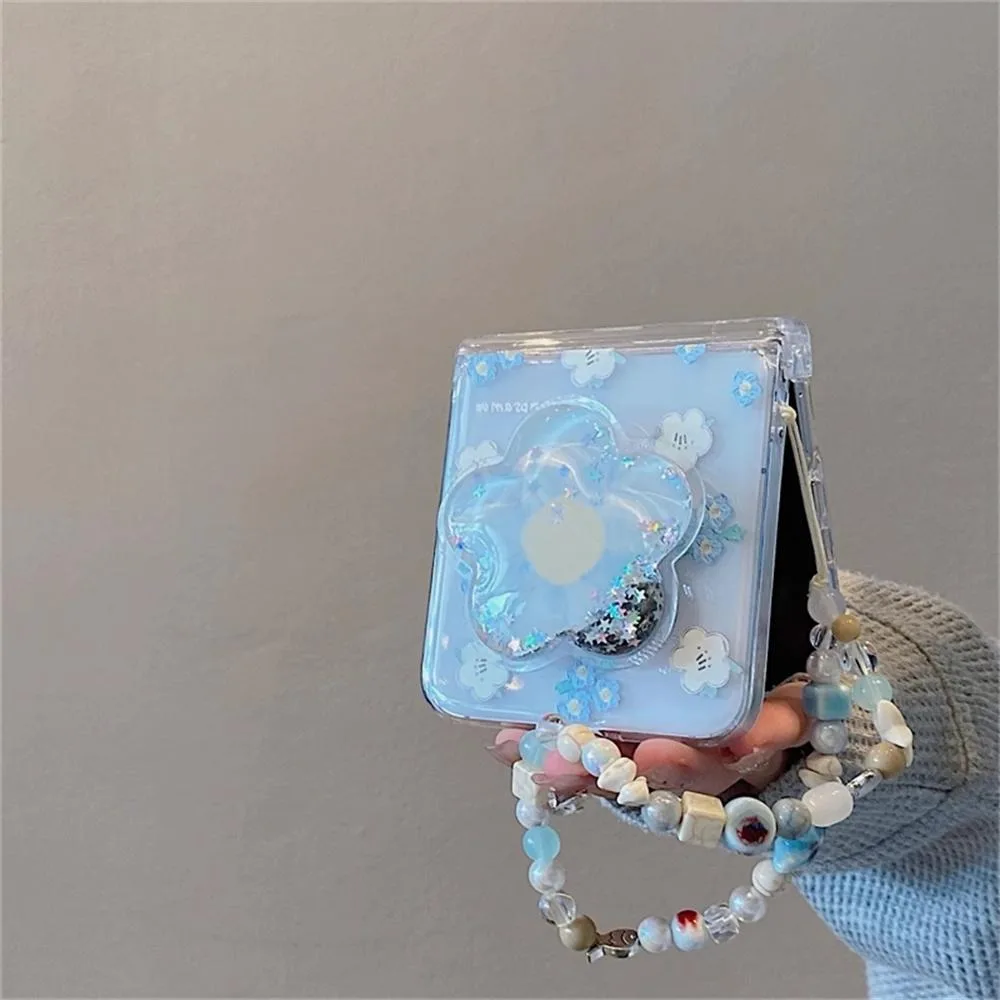 Charming Blue Floral Quicksand Chain Phone Case with Stand