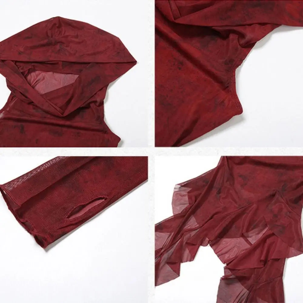 Y2K Tees Ruffle Long Sleeve Shirt Hooded T-shirt Mesh Vintage Gothic Hooded Square Neckline Design with Sleeves Long Sleeve Tops