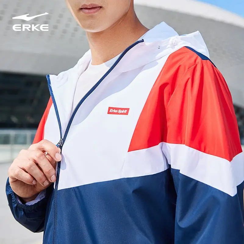ERKE-Windproof Athletic Windbreaker for Men, Versatile Jacket, Polyester Hooded Overcoat, Running Sports, Windproof, New