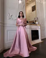 Luxury Dubai Pink Satin Evening Dresses with Train 2024 Elegant Off Shoulder Arabic Women Wedding Party Gowns 481 1