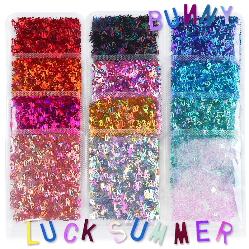 

12 Bag Holographic Letters Nail Art Glitter Sequins Laser Flakes Set For Manicure Polish Nail Supplies Resin Filling Accessories