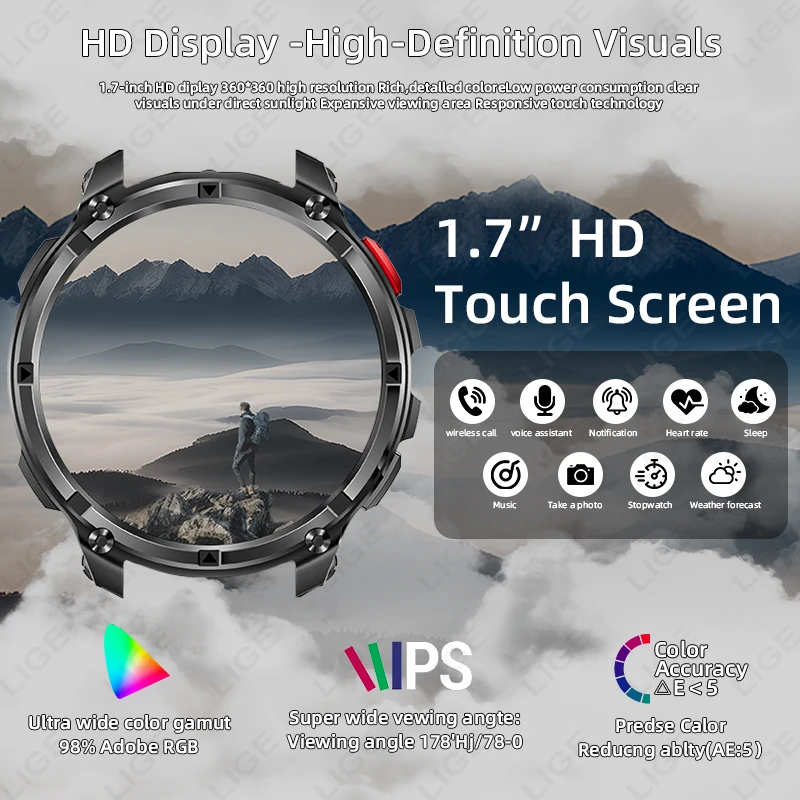 LIGE 1100mAh Large Battery Smartwatch LED Light Compass Men Outdoor Sport Watch Voice Assistant Wireless Call 1.7" HD Wristwatch