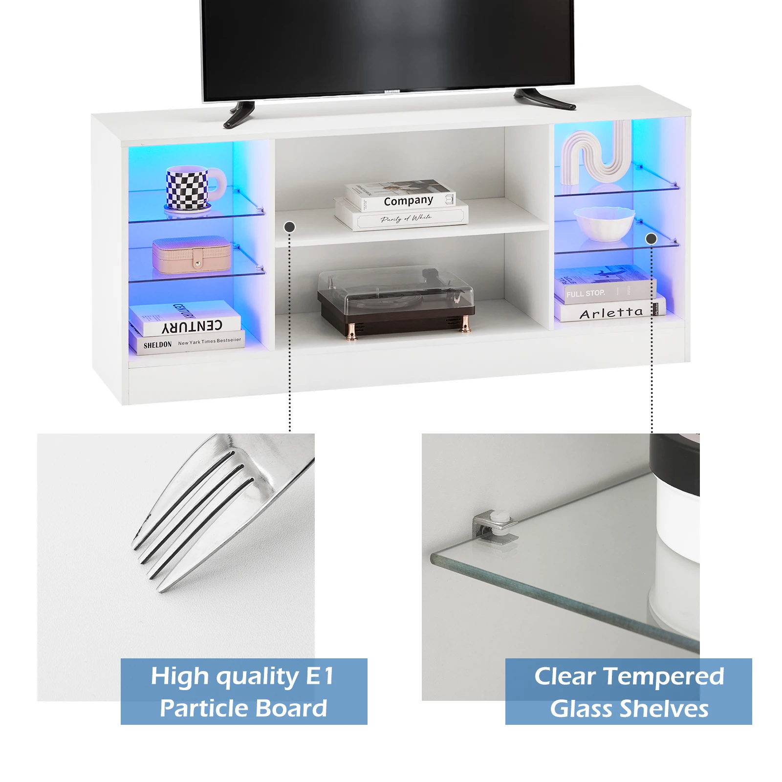 High Gloss White TV Cabinet with LED Lighting TV Cabinet TV Table with Glass Shelf Living Room Furniture Table Board - Image 4