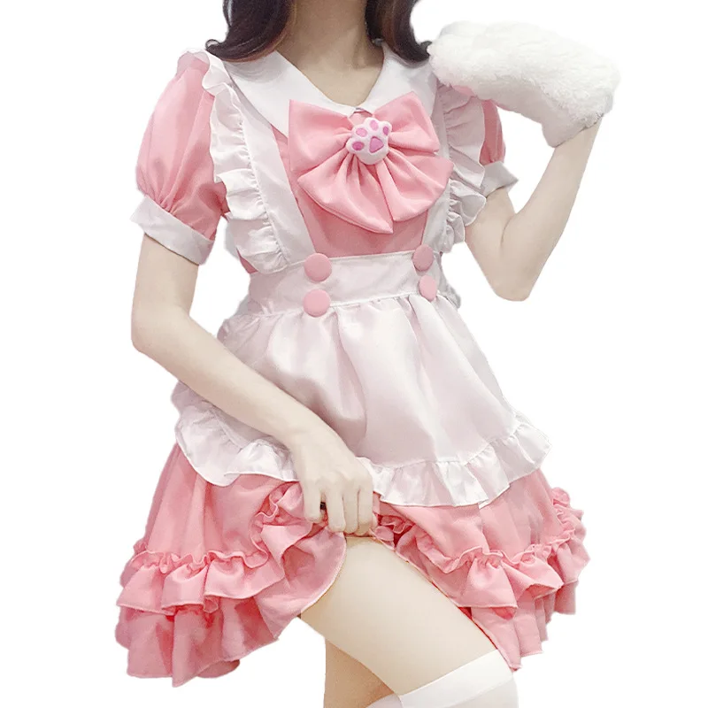 

New Cute Girl Pink Cat Claw Bow Dress Role Playing Lolita Maid Set Dress