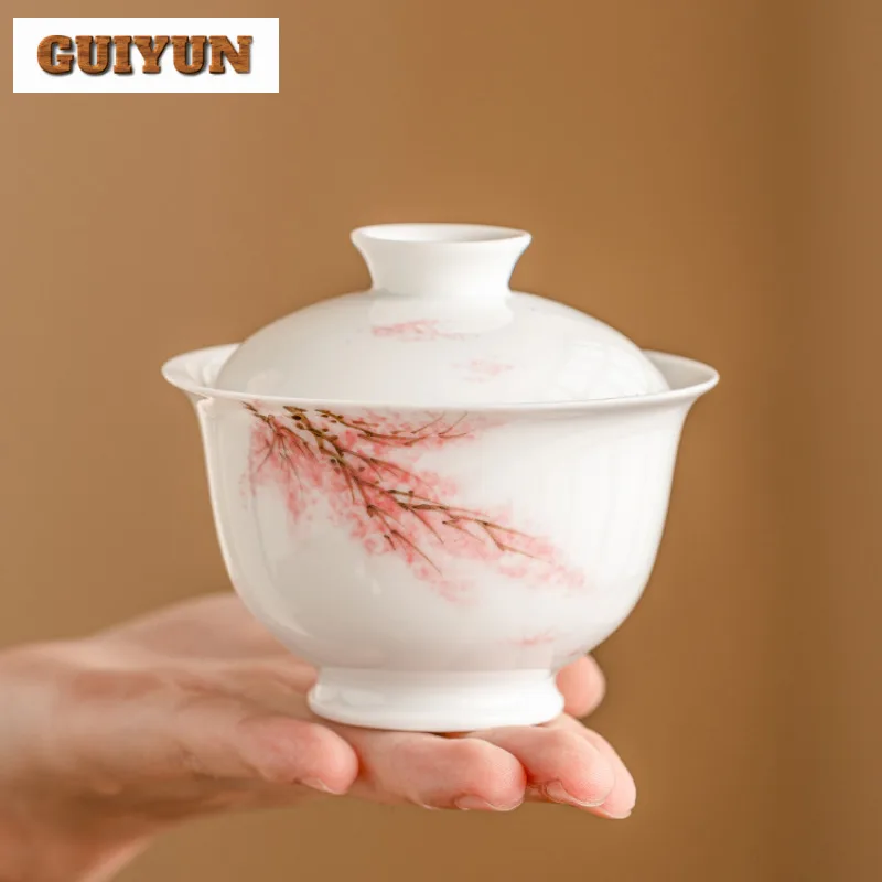 110ml Boutique Hand Drawn Cherry Blossom Gaiwan Ancient Tea Tureen Tea Bowl with Lid Kit Brewing Cover Bowl Cafes Ornaments
