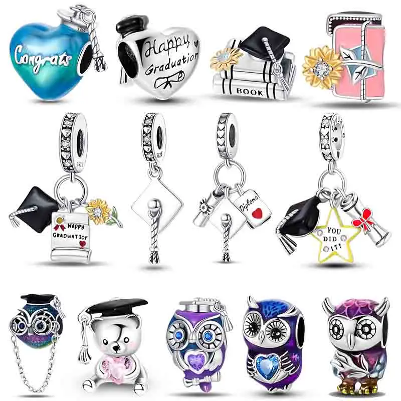 Happy 2024 Graduation Season Charms Bead 925 Silver Owl Bachelor Cap Dangle Fit Original Pandora Bracelet Jewelry Classmate Gift