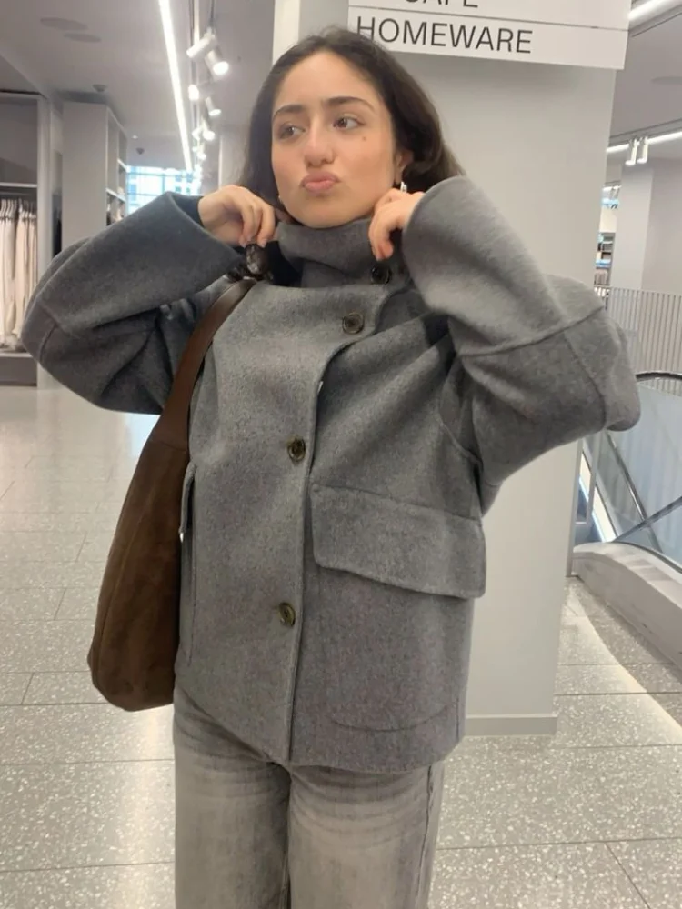 Elegant Stand Collar Woolen Jacket For Women Y2K Single