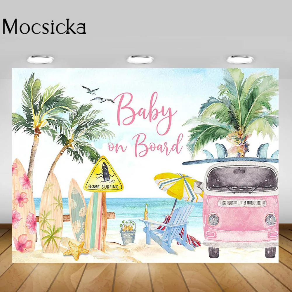 

Mocsicka Summer Seaside Backdrop Sandy Beach Surfboard Holiday Surfing Photo Background Birthday Baby Shower Decor Banner Studio