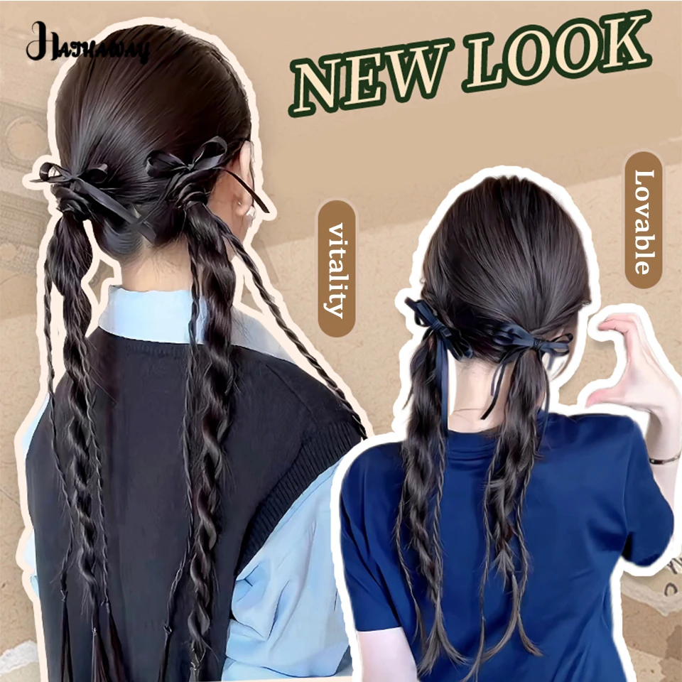 18 Inch Bow Twist Ponytail Wig Braid Synthetic College Wind Ribbon Twist Braid Natural Fluffy Double Ponytail Wig Daily Wear