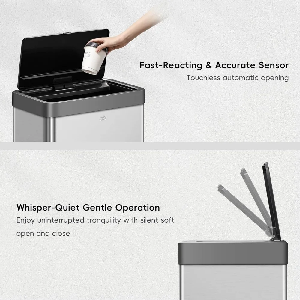 Mirage-X 47 Liter / 12.4 Gallon Touchless Rectangular Motion Sensor Trash Can with Removable Liner, Brushed Stainless Steel Fin