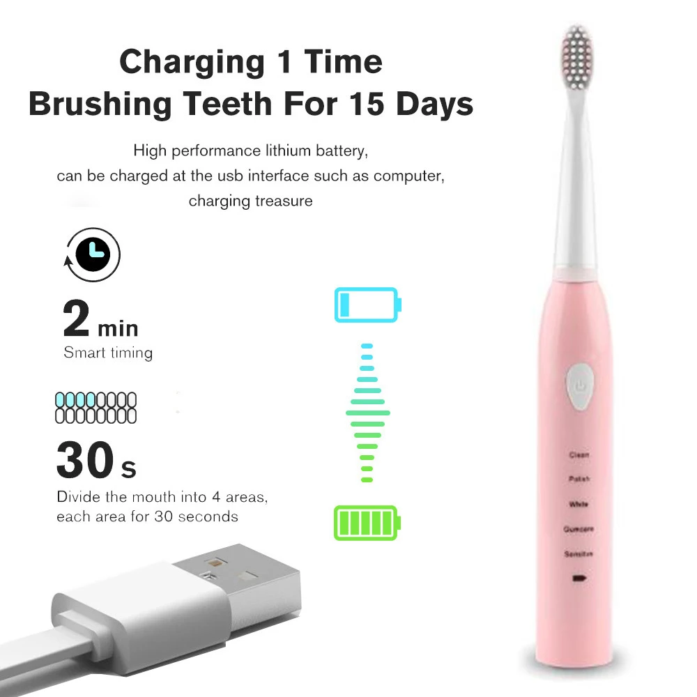 Super Sonic Electric Toothbrush for Adults Kid Smart Timer Whitening IPX7 Waterproof USB Charge Replaceable Brush Head J110 J209