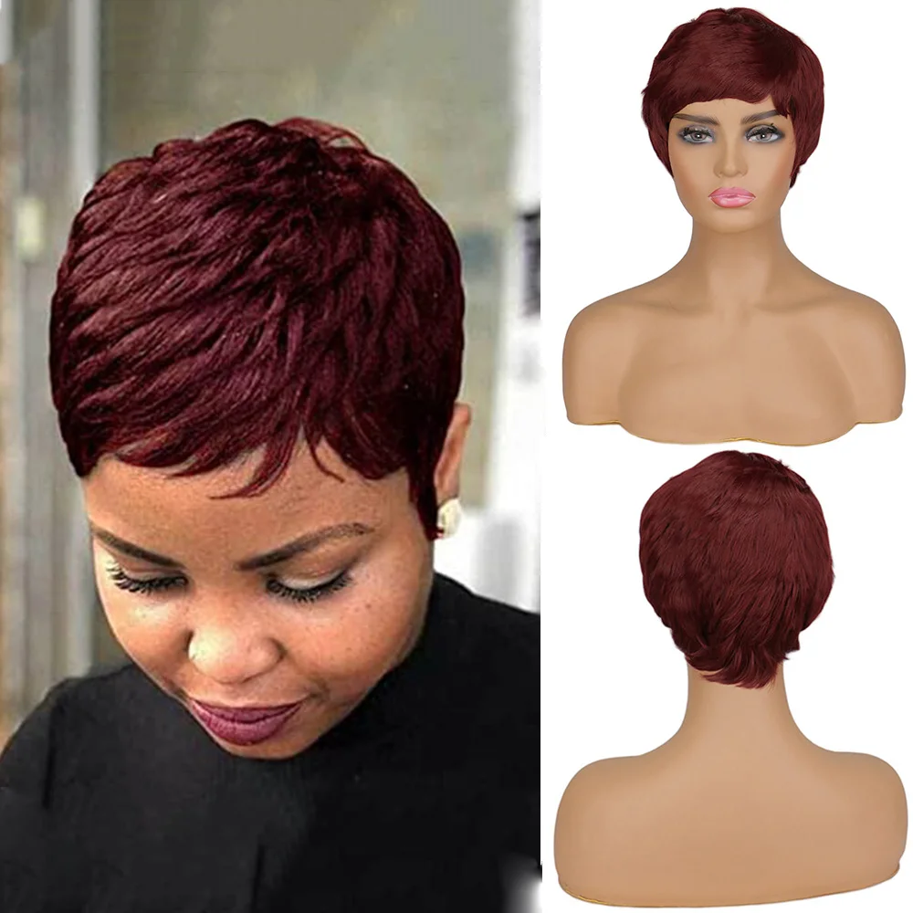 SuQ Synthetic Short Pixie Cut Hair Wigs African American Burgundy Wig
