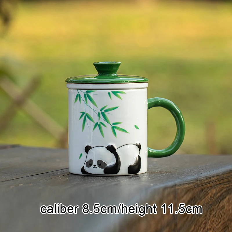 Chinese Style Ceramic Bamboo Panda pattern Mug Home Personal Creative Teacup With Cover Filtered Tea Water Separation 360ml, 1Pc