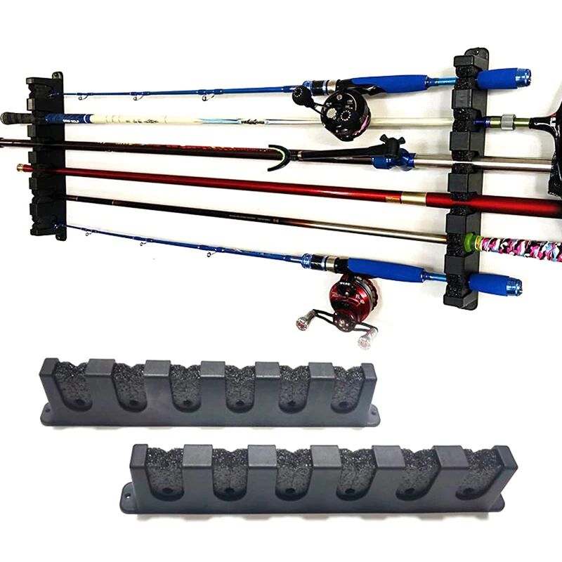 Fishing Rod Holder Stand Kit 6 Holes Black ABS Plastic Wear-resistant Durable Horizontal Wall-mounted Pole Rack