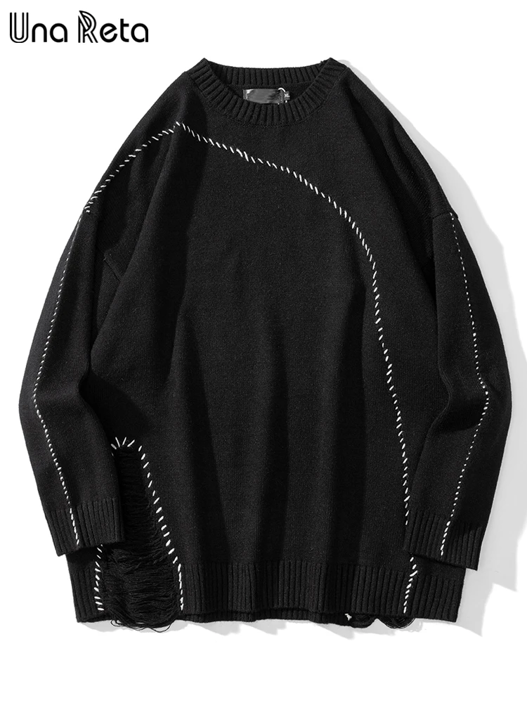 

Una Reta Men's Sweater Autumn Men Clothing Hip Hop Holes Knitted Sweater Streetwear Casual Solid Pullovers Couple Sweater