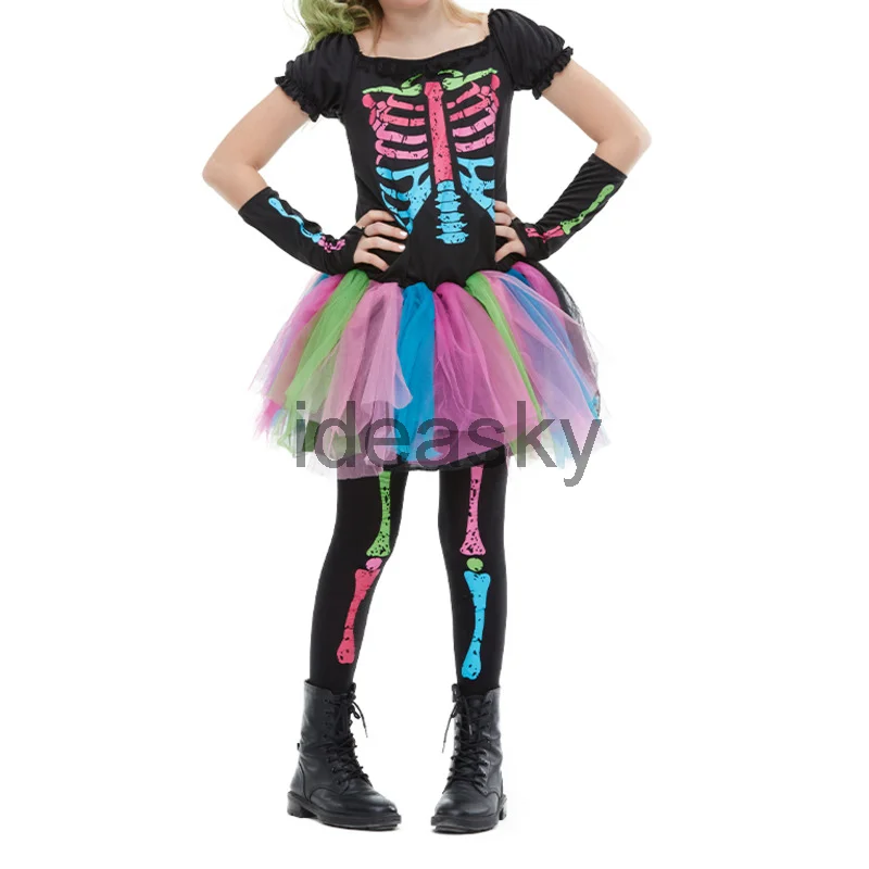 Rainbow Skeleton Girl Costume Toddler Funky Punky Bone Costume Carnival Purim Halloween For Kids Cosplay Costume,Halloween Dress Outfit
