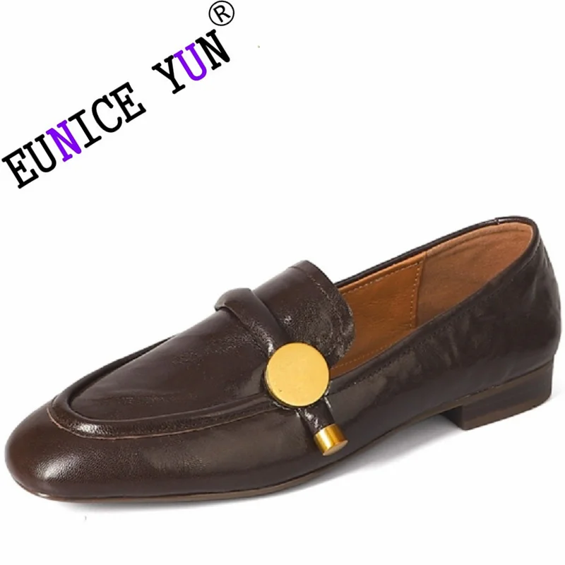 

【EUNICE YUN】Brand Quality Genuine Leather Loafers for Women Designer Shark Lock Slip-on Flat Shoes Comfort Loafer Lady Casual