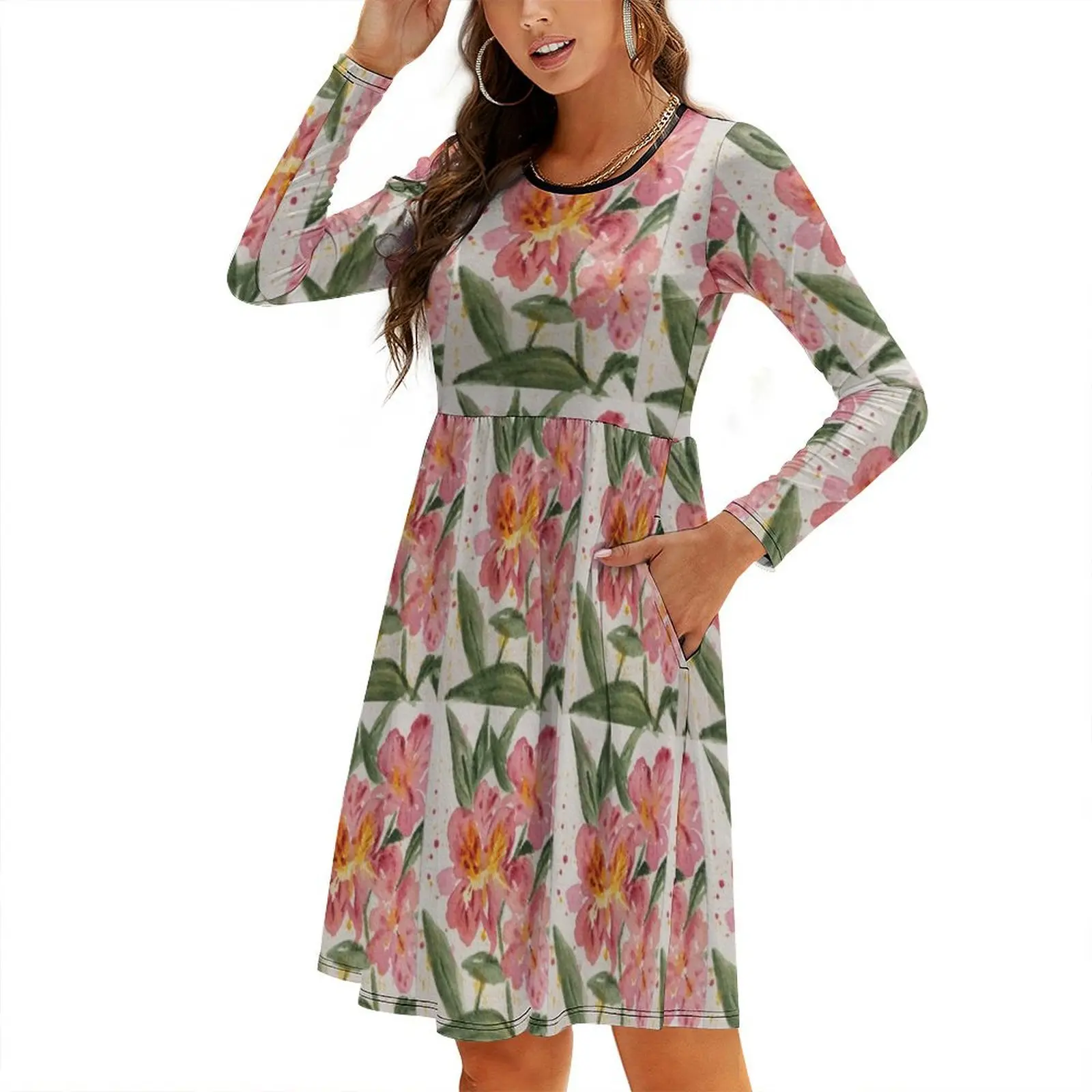 

Spring Floral Peruvian Lily Round Neck Baggy Dress dress for women 2024 summer dress long sleeve dresses
