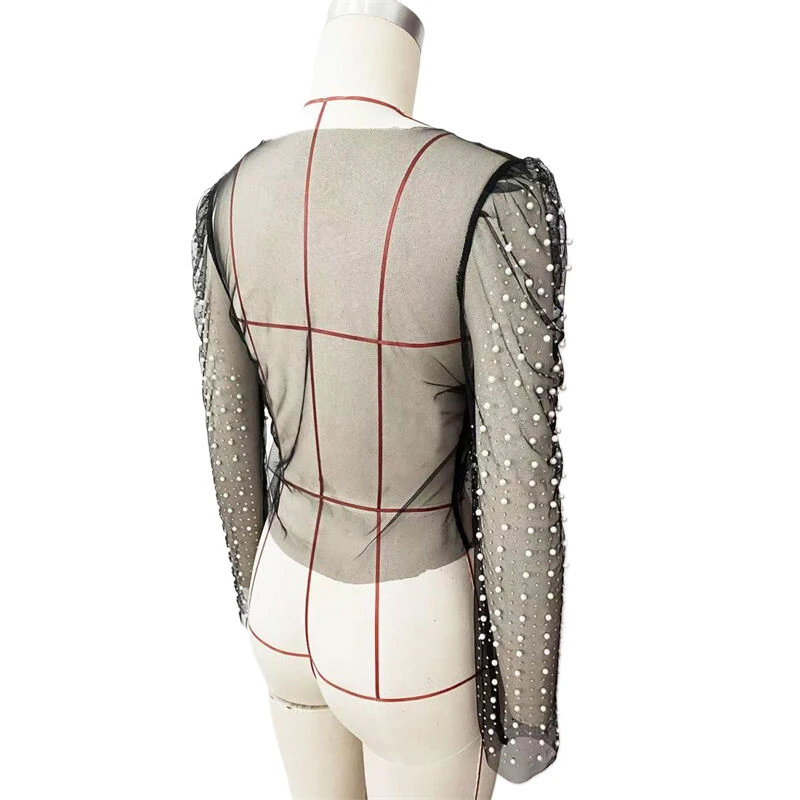 Glamouröses, durchsichtiges Mesh-Langarm-Top mit Perlen, Strasssteinen, Neckholder, sexy Clubwear für Damen, Sommer-T-Shirt, Bluse 2026, Direktversand – Detail 12