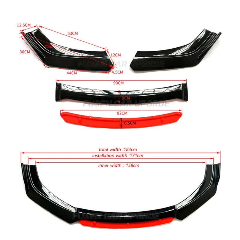 Carbon Fiber 4Pcs Car Front Bumper Lip Spoiler Body Kit + Side Skirt + Rear  Lip