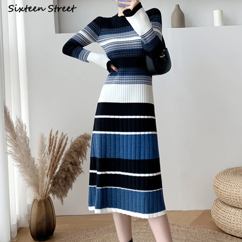 

Autumn Winter 2023 Knitted Dress Woman Blue Striped O-neck Long Sweater Dresses Female Vestido Long-sleeve Elegant Knitwear Chic
