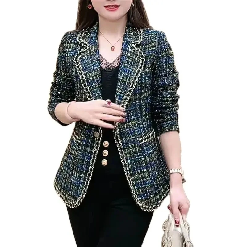 

Fashion Black Tweed Woolen Coat Female Suit Jacket 2024 New Spring Autumn Jacket Tops Blue Casual Slim Women's Wool Outerwear