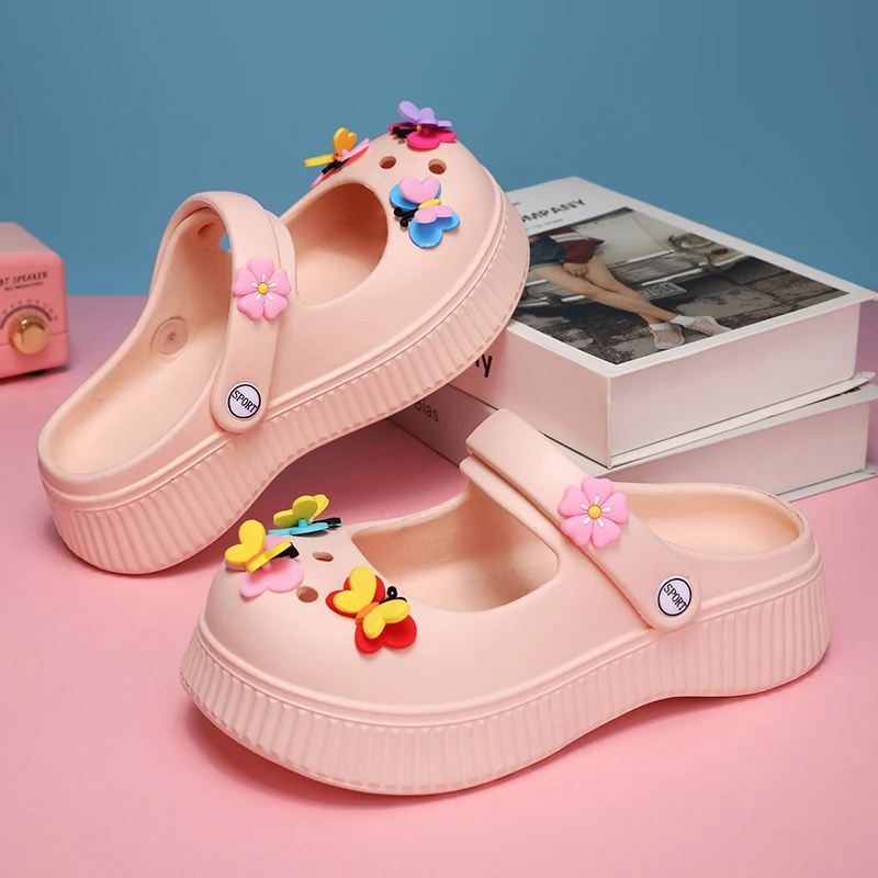 Pink Princess Shoes Girls Lightweight Soft Mary Jane Sandals Summer Kids Garden Shoes Butterfly Decoration Slippers Woman